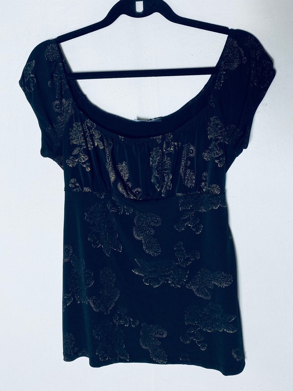 Vintage Y2K RIPE Clothing Metallic Gold Glitter Floral Empire Waist Top L